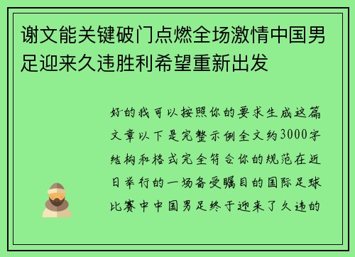 谢文能关键破门点燃全场激情中国男足迎来久违胜利希望重新出发